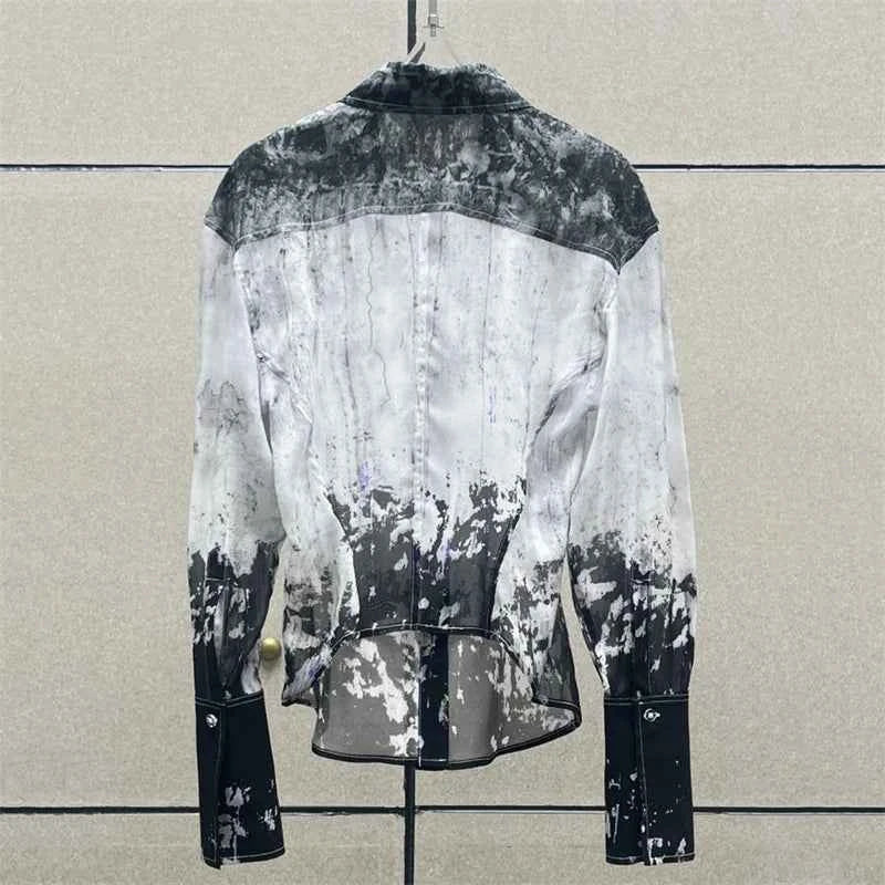 Women's shirt 2026 summer new single breasted slim fit women's long sleeved top Half perspective Ink printed Women's blouse y2k