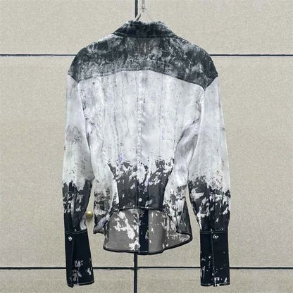 Women's shirt 2026 summer new single breasted slim fit women's long sleeved top Half perspective Ink printed Women's blouse y2k