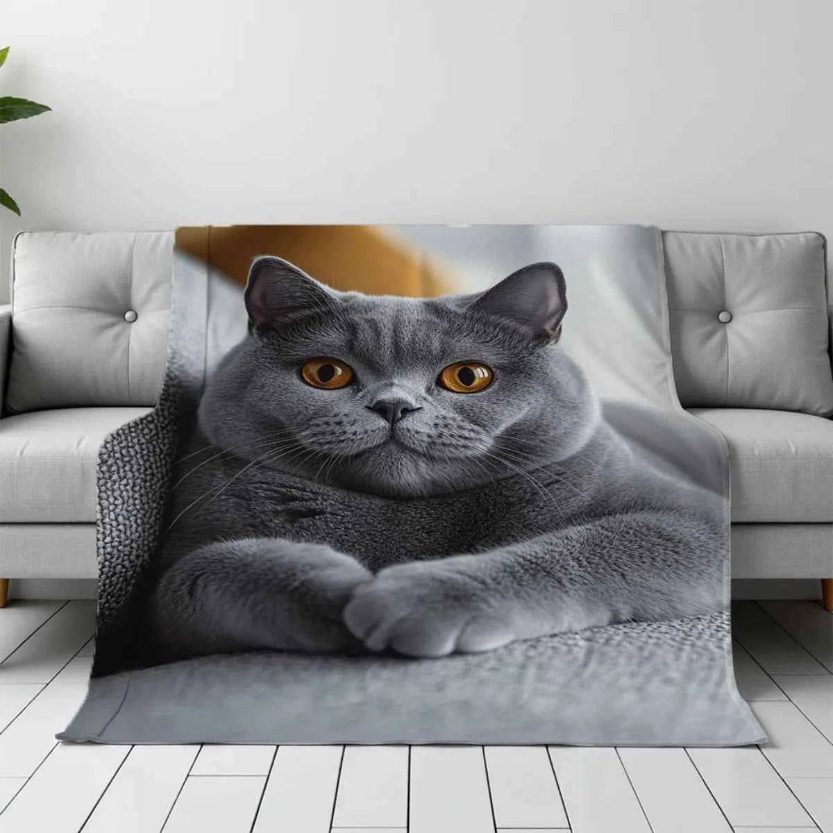 Personalized British Shorthair Cat Fleece Blanket - Custom Feline Portrait Luxury Plush Throw