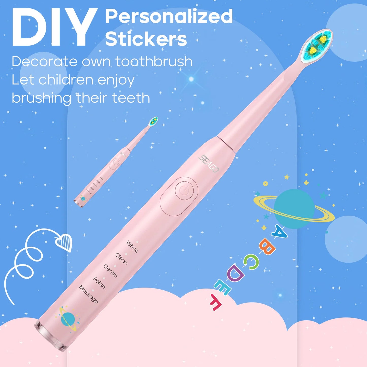 Children Electric Toothbrush with 8 Replacement Heads DIY Stickers 5 Cleaning Modes Blue Pink Yellow 3 Colors Soft Bristles - ShoreCo.Shop