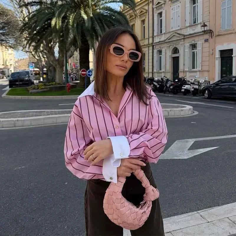 Women's Shirts Spring New Fashion Striped Loose Shirt Women Turn-down Collar Long Sleeves Casual Shirts Female Blouses Chic Tops