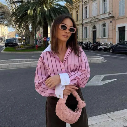 Women's Shirts Spring New Fashion Striped Loose Shirt Women Turn-down Collar Long Sleeves Casual Shirts Female Blouses Chic Tops
