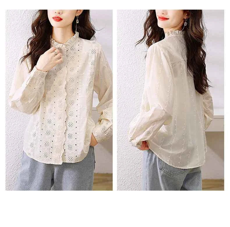 Women'S Shirt Spring Hollow Lace Ruffles O Neck Elegant Apricot Tops Long Sleeve Embroidered Cotton Shirt Vitnage Office Lady