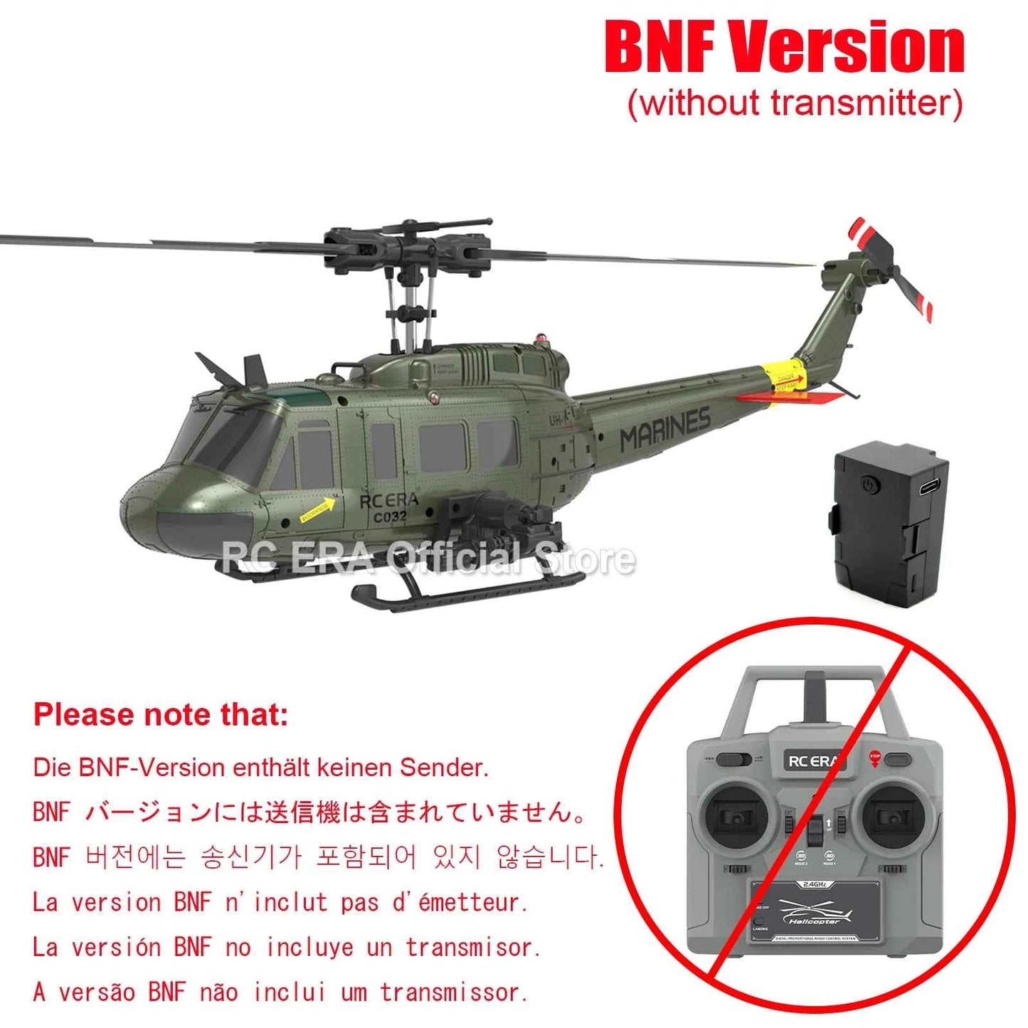 RC ERA Weathered Marine C032 UH1Huey One Click Inverted Flight TOF Optical Flow Gyro Stabilized RC Helicopter for Adults
