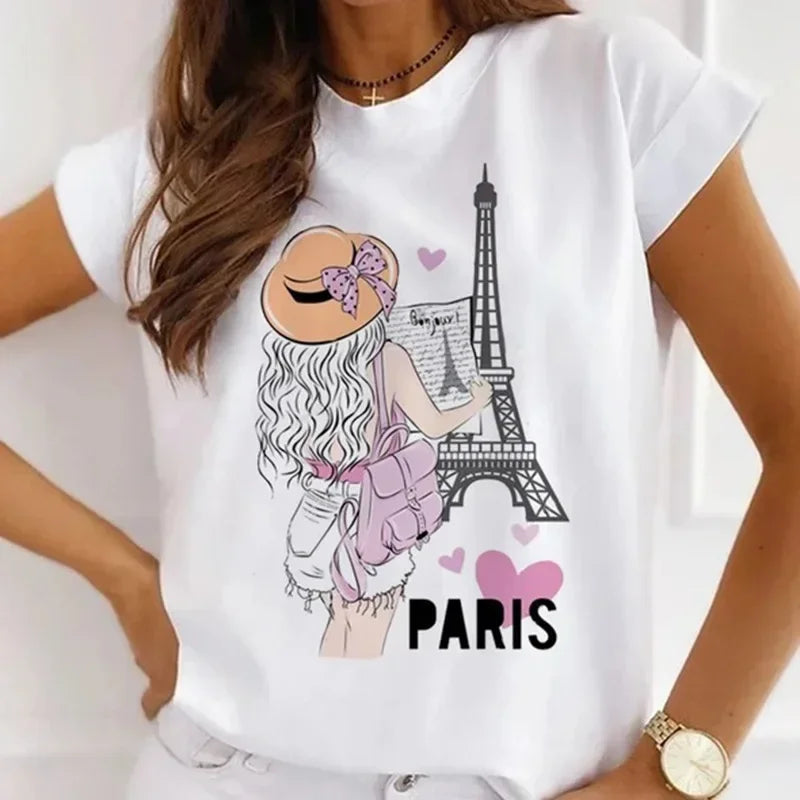 Paris Tower Print Short Sleeve Casual Women's Round Collar T-shirt Graphic T Shirts  Shirts for Women Clothes Oversized T Shirt    Home Decor Supply | Online Retail | ShoreShopper.com
