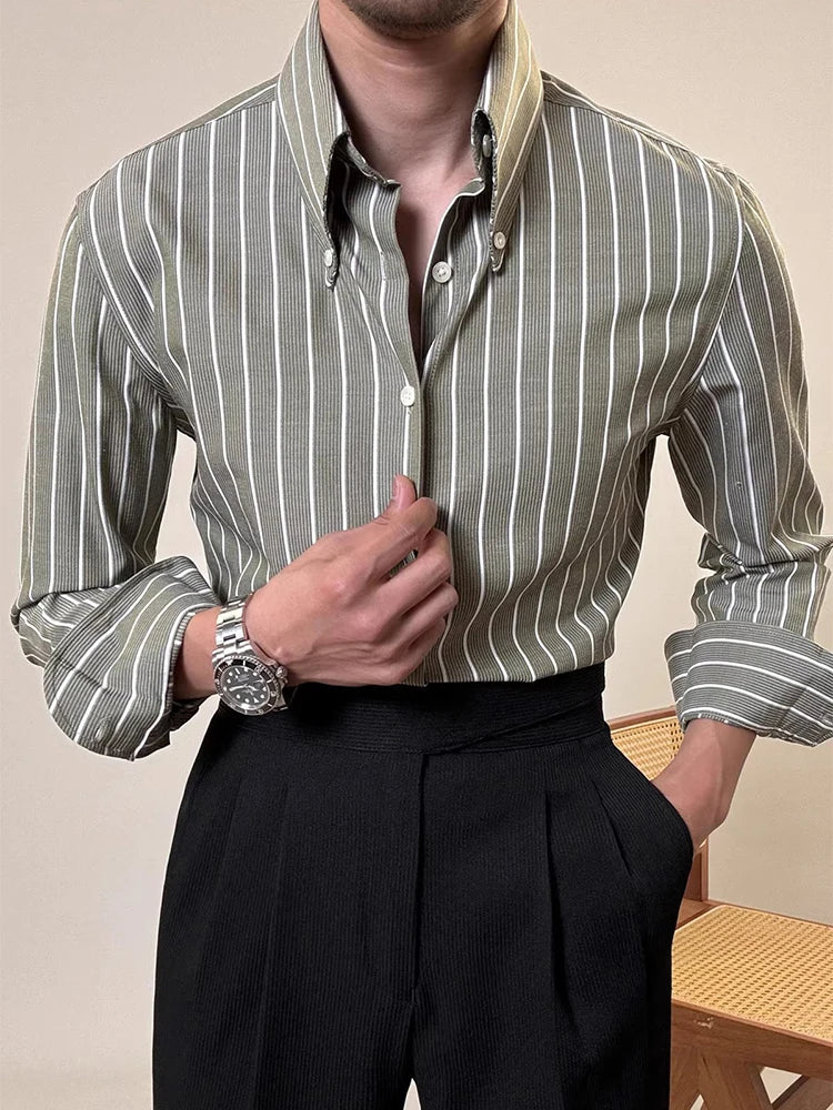 Vintage Striped Printed Slim Shirts Mens Casual Long Sleeve Lapel Buttoned Shirt 2025 Spring Fall Mens Shirt Naple Style Clothes    Home Decor Supply | Online Retail | ShoreShopper.com