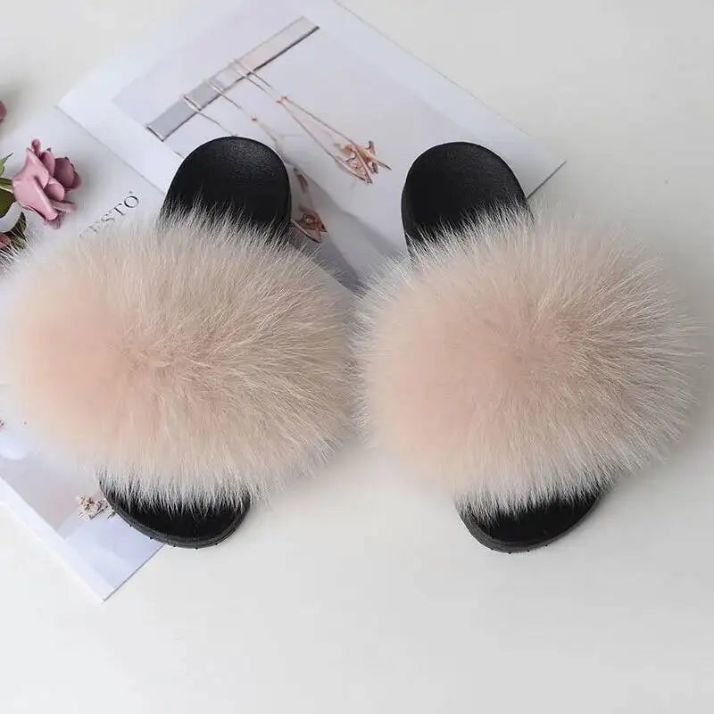 Summer Women Fur Slides Fluffy Furry Slippers Indoor Fuzzy Flip Flops Casual Outdoor Flat Ladies Fur Sandals Plush House Shoes - ShoreCo.Shop