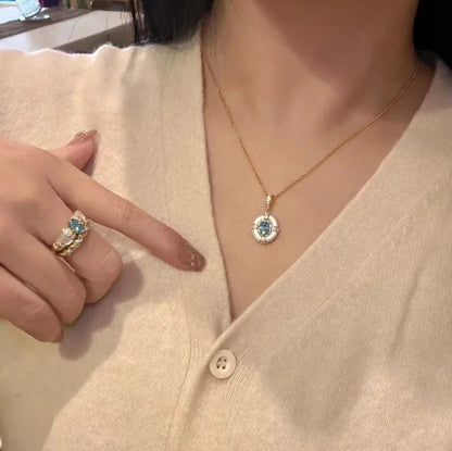 Classic blue jewelry sets dreamy aquamarine gem White Fritillaria ring necklace High quality palace style retro wedding gift    Home Decor Supply | Online Retail | ShoreShopper.com