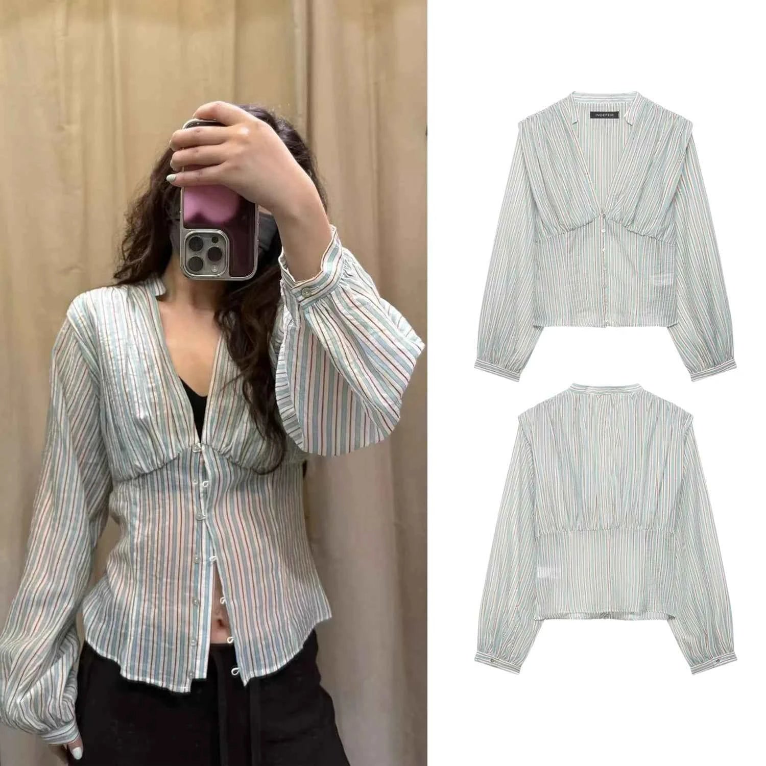 Women Sexy Shirts Spring Summer New Female V-Neck Long Sleeve Shirt Waist-Cinching Striped Tops Lady Chic Casual Holiday Blouses