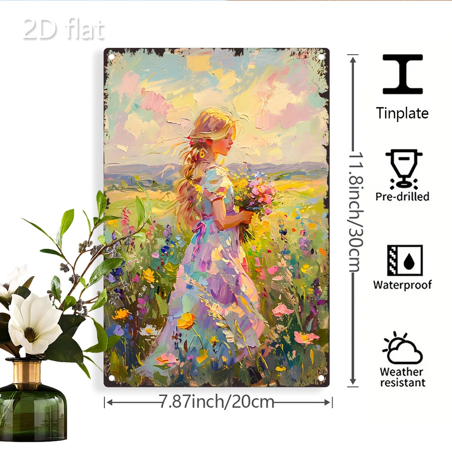 Vibrant Floral Scene 2D Flat Wall Art - Blonde Woman & Wildflowers Metal Sign, 8x12 Inch Indoor/Outdoor Decor    Home Decor Supply | Online Retail | ShoreShopper.com