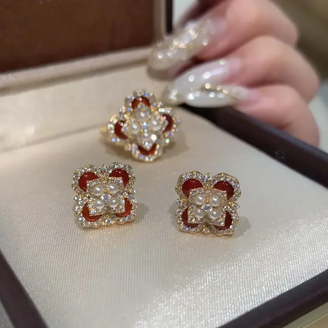 Classic and showy luxury red flower bridal jewelry sets for women exquisite pearl red chalcedony earrings rings necklace    Home Decor Supply | Online Retail | ShoreShopper.com