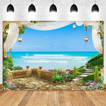 Summer Seaside Beach Photography Backdrop Natural Scenery Castle Tropical Sunshine Palms Leaves Photo Background Studio Props    Your Coastal Marketplace | Shoreshopper.com