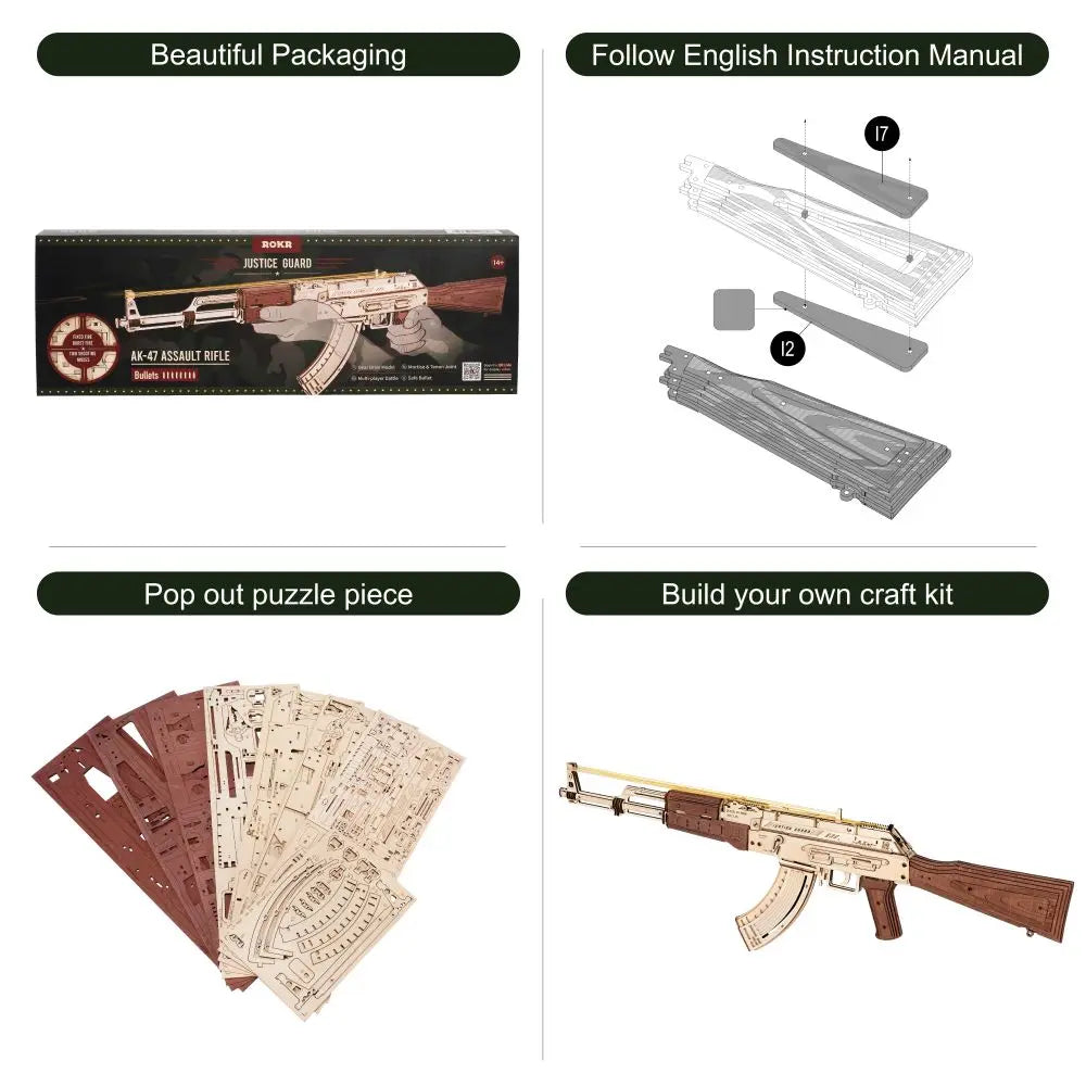 Robotime Rokr Automatic Rifle AK47 3D Wooden Gun Funny DIY Building Block Toys for Kids Adults Justice Guard Wooden PuzzleLQ901    Home Decor Supply | Online Retail | ShoreShopper.com