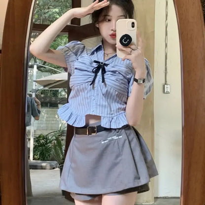 Bow-rinked Striped Shirt for Women Summer French Sweet and Spicy Puff Sleeve Shirt Short Short Sleeve Top    Home Decor Supply | Online Retail | ShoreShopper.com
