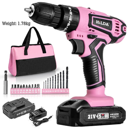 HILDA 21V Pink Drill Electric Drill Electric Screwdriver  Cordless Drill Mini Wireless Power Tools Lithium-Ion Battery - ShoreCo.Shop