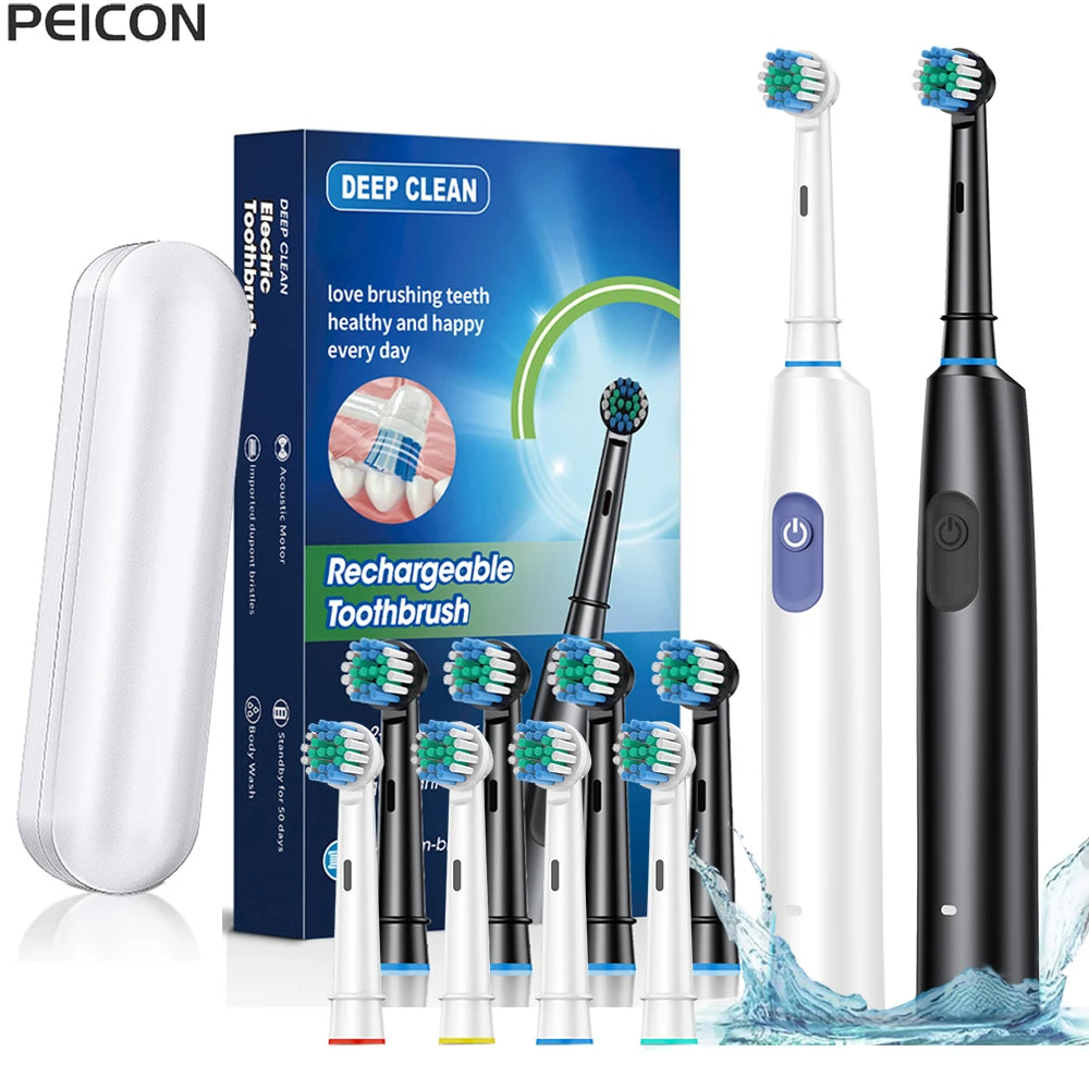 Electric Toothbrush Rotary Rechargeable Electric Toothbrush for Adults Rotating Electric Toothbrushes with 8 Soft Brush Heads - ShoreCo.Shop
