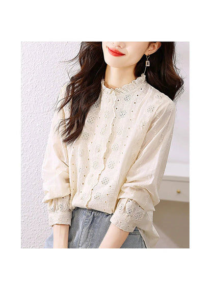 Women'S Shirt Spring Hollow Lace Ruffles O Neck Elegant Apricot Tops Long Sleeve Embroidered Cotton Shirt Vitnage Office Lady    Your Coastal Marketplace | Shoreshopper.com