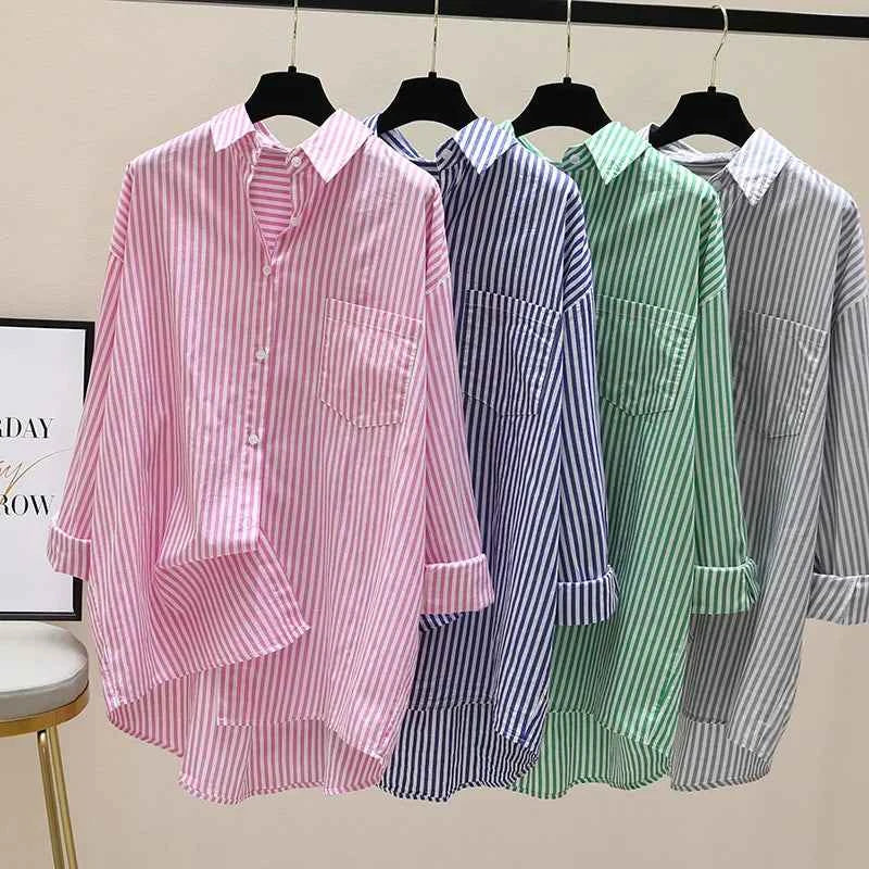 Striped Shirt Women Shirts Summer Autumn Fashion Female Office Lady Loose Blouse Long Sleeve Sun Protection Tops Casual Shirts