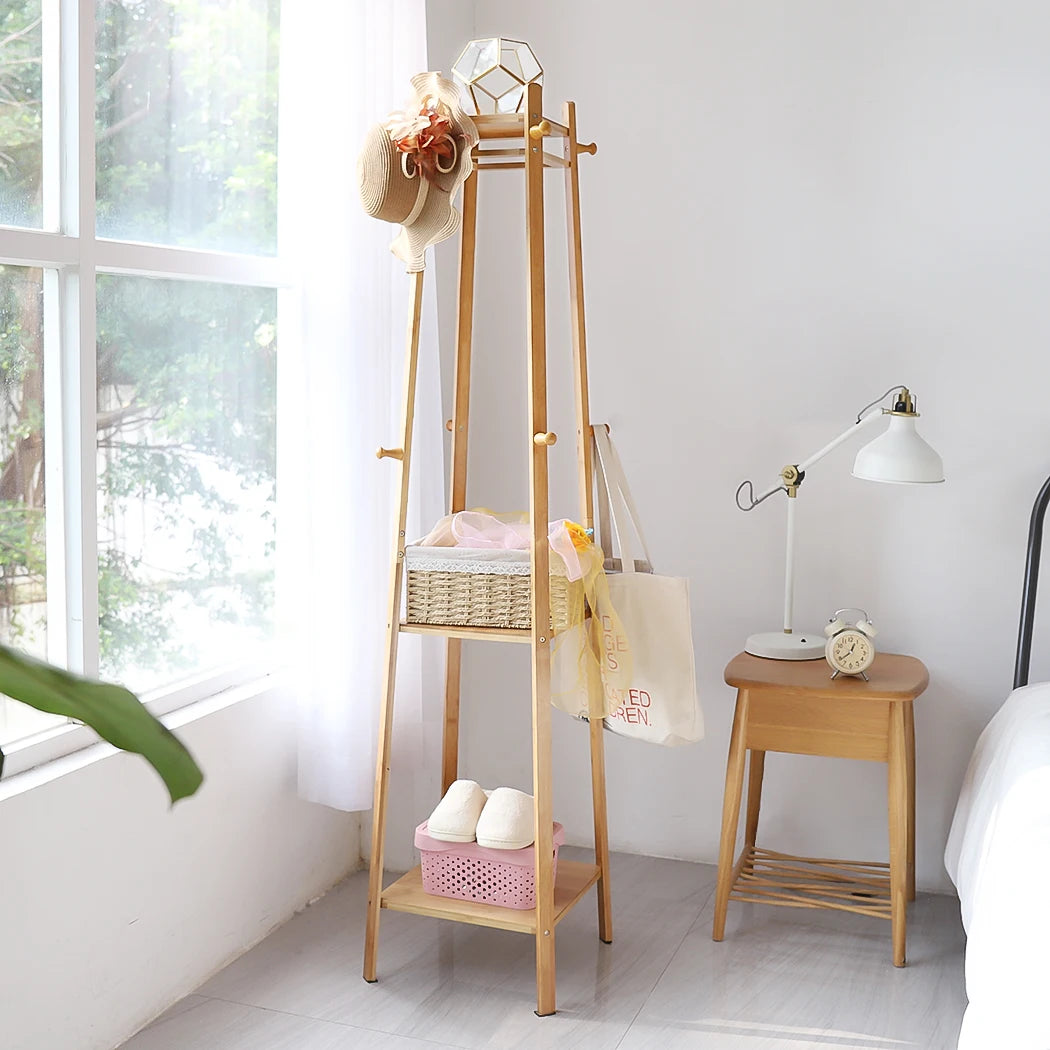 Bamboo Coat Rack Free Standing 2-Shelves Clothing Storage Garment Organizer Stand with 8 Hooks Clothes Poles 55kg Load-bearing f    Home Decor Supply | Online Retail | ShoreShopper.com
