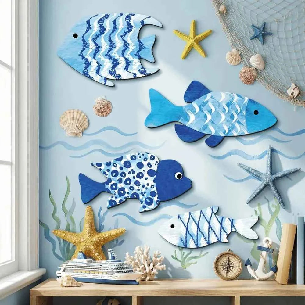 Marine Style Wooden Fish Wall Decor School of Fish Rustic Carving Fish Pendant Handcrafted Ocean Theme Nautical Wall Art