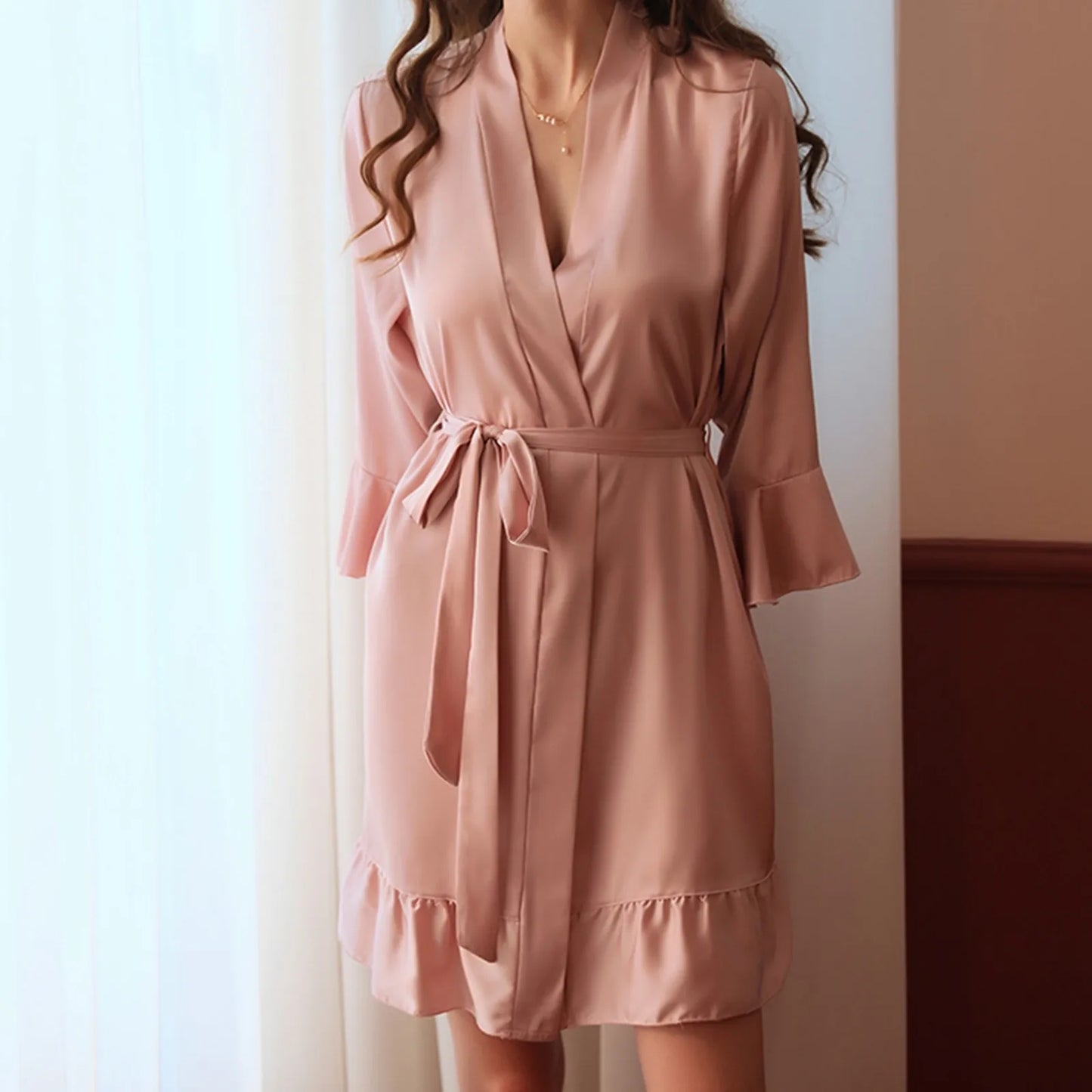 Sexy Flare Sleeve Kimono Gown Women Wedding Robe Silk Rayon Home Dress Elegant Ruffle Sleepwear Cozy Nightgown Intimate Lingerie - ShoreCo.Shop