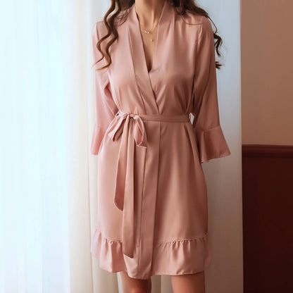 Sexy Flare Sleeve Kimono Gown Women Wedding Robe Silk Rayon Home Dress Elegant Ruffle Sleepwear Cozy Nightgown Intimate Lingerie - ShoreCo.Shop