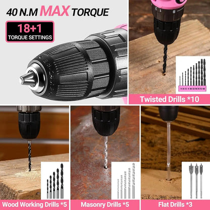 DEKO Pink Drill Tool Kit Set: 20V Cordless Power Drill Tool Box with Battery Electric Drill Driver    Home Decor Supply | Online Retail | ShoreShopper.com