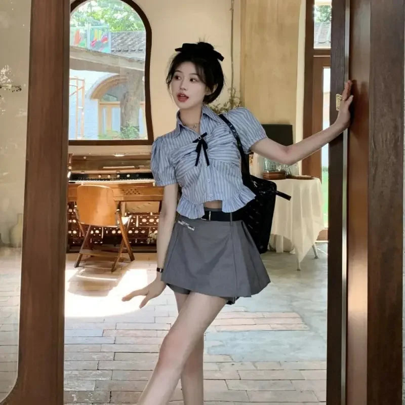 Bow-rinked Striped Shirt for Women Summer French Sweet and Spicy Puff Sleeve Shirt Short Short Sleeve Top    Home Decor Supply | Online Retail | ShoreShopper.com