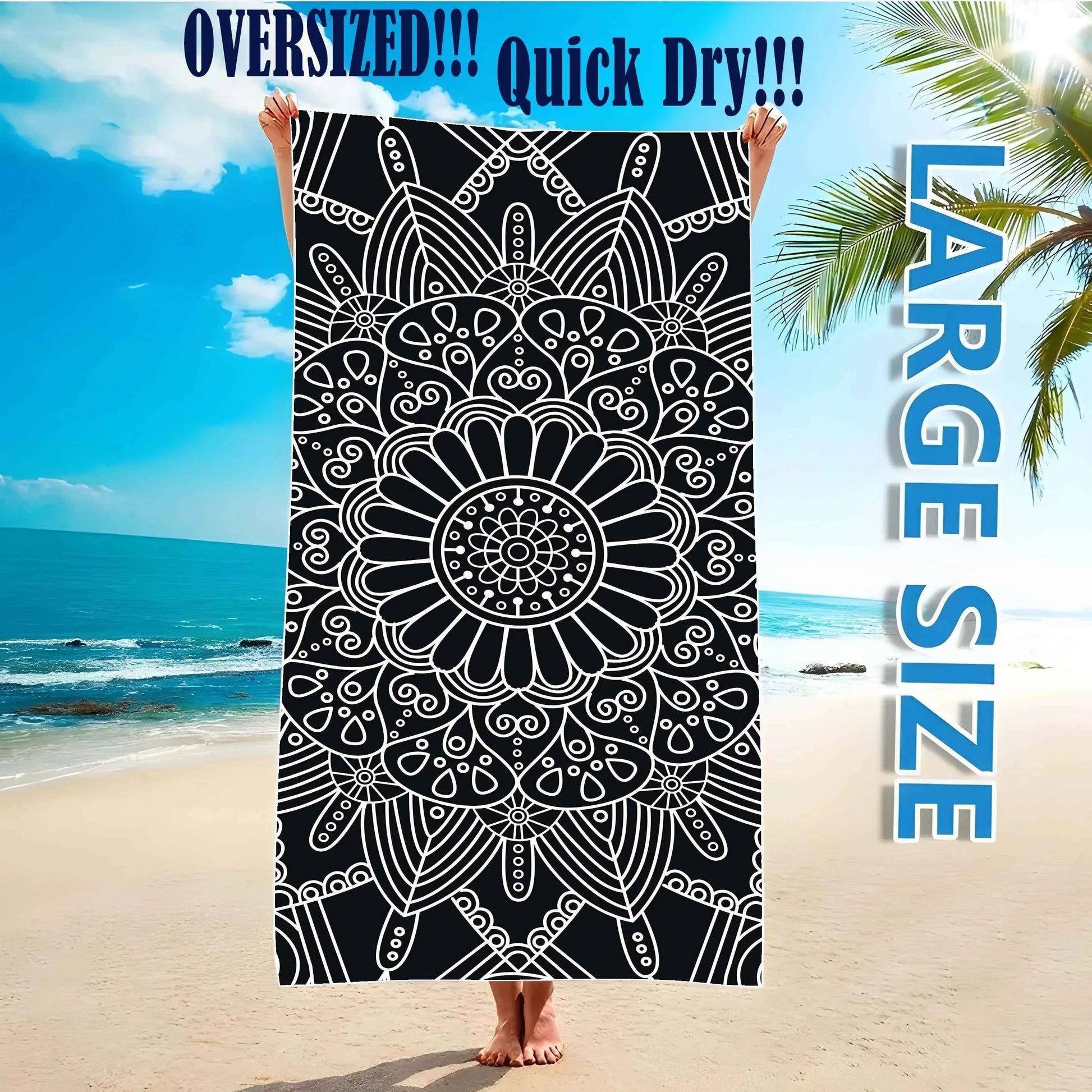 Beach Bliss: Exquisite Black and White Mandala Beach Towel Suitable for towels, bath towels, beach towels