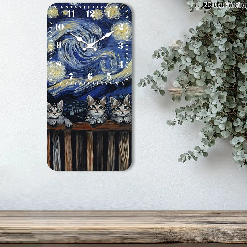Vintage 2D-Flat Cats with Van Goghs Starry Night backdrop Wooden Silent Quartz Rectangle Wall Clock for Home Idea Holiday Gifts    Home Decor Supply | Online Retail | ShoreShopper.com