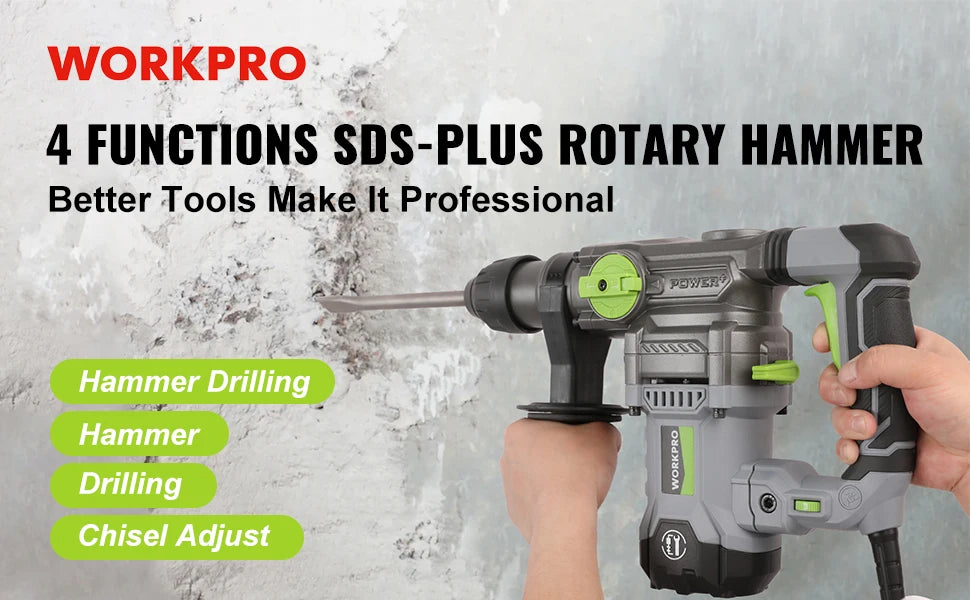 WORKPRO  12.5 AMP Heavy Duty Rotary Hammer Drill for Concrete 32mm MAX, Steel 13mm MAX,Wood 42mm MAX. - ShoreCo.Shop