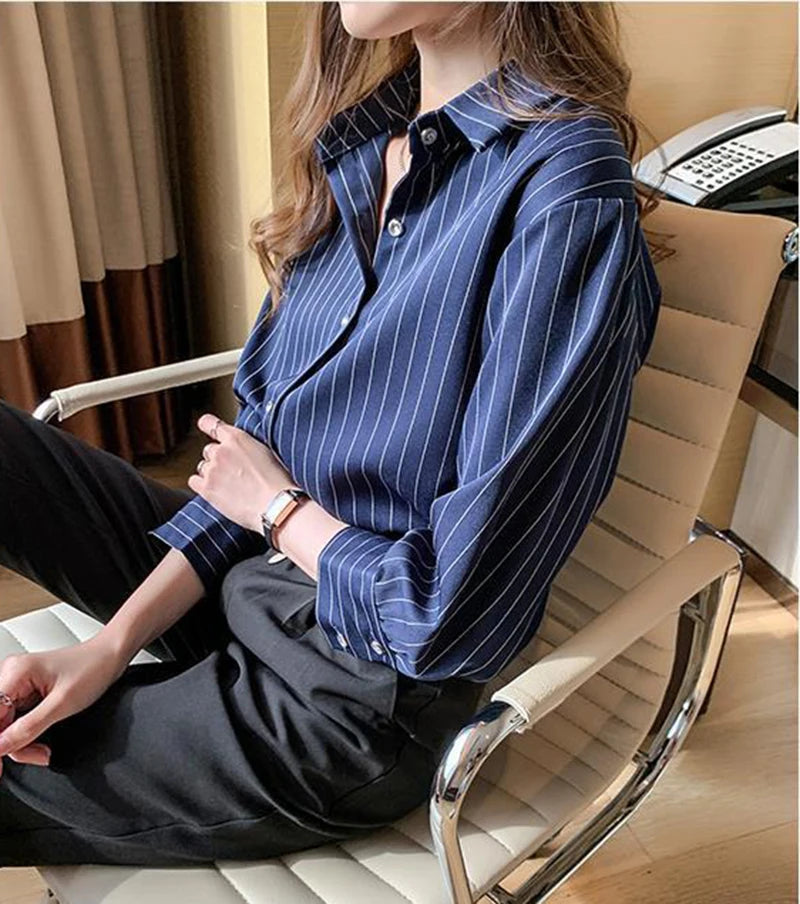 Striped Shirt Women Summer Vintage Chic Loose Long Sleeve Top Y2K Office Ladies Fashion Casual Turn Down Collar All Match Blouse    Your Coastal Marketplace | Shoreshopper.com