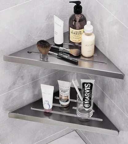 Bathroom Triangle Drain Shelf No Drilling Wall Mounted Cosmetic and Toiletries Hollow Carbon Steel Shelf with Hooks    Home Decor Supply | Online Retail | ShoreShopper.com