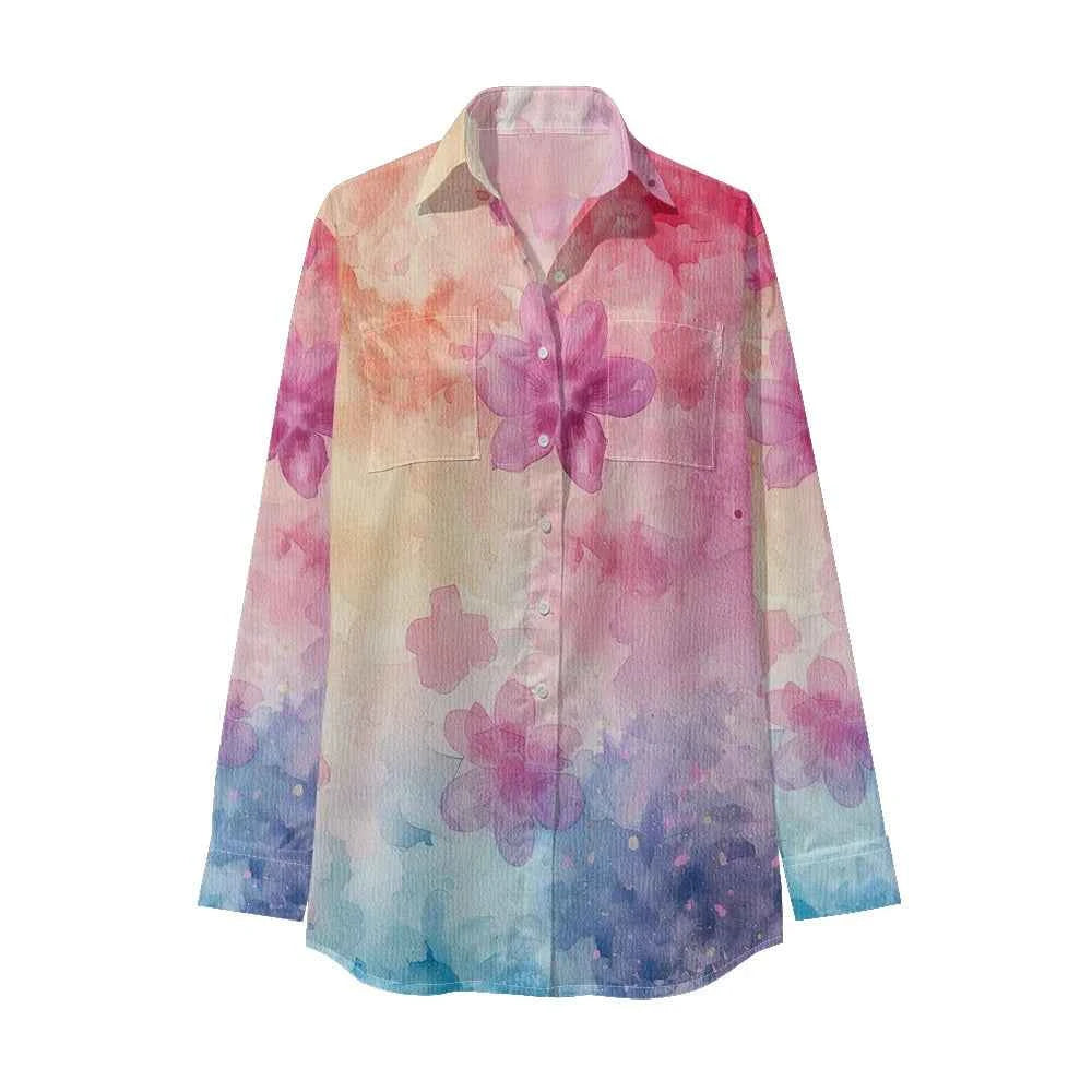 Women Luxury Floral Shirt Gradient Printed Blouse Elegant Button Up Long Sleeve Shirt for Office Casual Spring Summer Trend