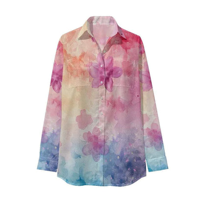 Women Luxury Floral Shirt Gradient Printed Blouse Elegant Button Up Long Sleeve Shirt for Office Casual Spring Summer Trend