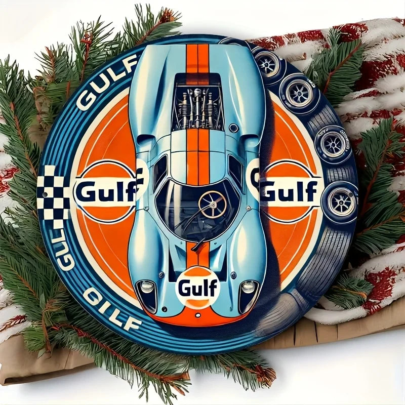 1pc Vintage Gulf Racing Car Metal Tin Sign - Retro Style Wall Art with Blue & Orange Stripes, Aluminum, Perfect for Home, Cafe    Home Decor Supply | Online Retail | ShoreShopper.com