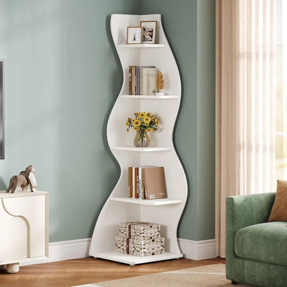 5-Tier Wave Bookshelf  Modern curved corner shelf with metal frame and wooden shelves, white finish, sturdy floor design bedroom    Home Decor Supply | Online Retail | ShoreShopper.com