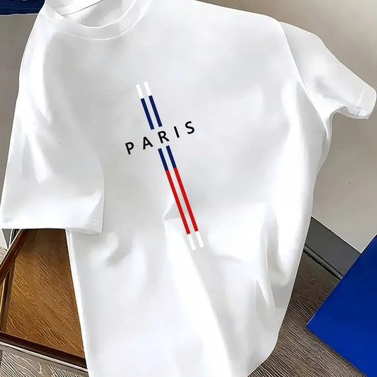 Summer Men 100% cotton fashion casual loose fit plus size Paris letter print round neck short sleeve T-shirt top    Home Decor Supply | Online Retail | ShoreShopper.com