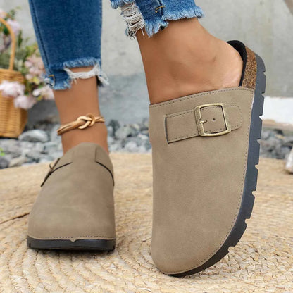 Women's Fashionable Casual Shoes for Indoor and Outdoor Wear, Thick-Soled Flat-Heeled Half-Cap Toe Slippers, Slip-On Slippers