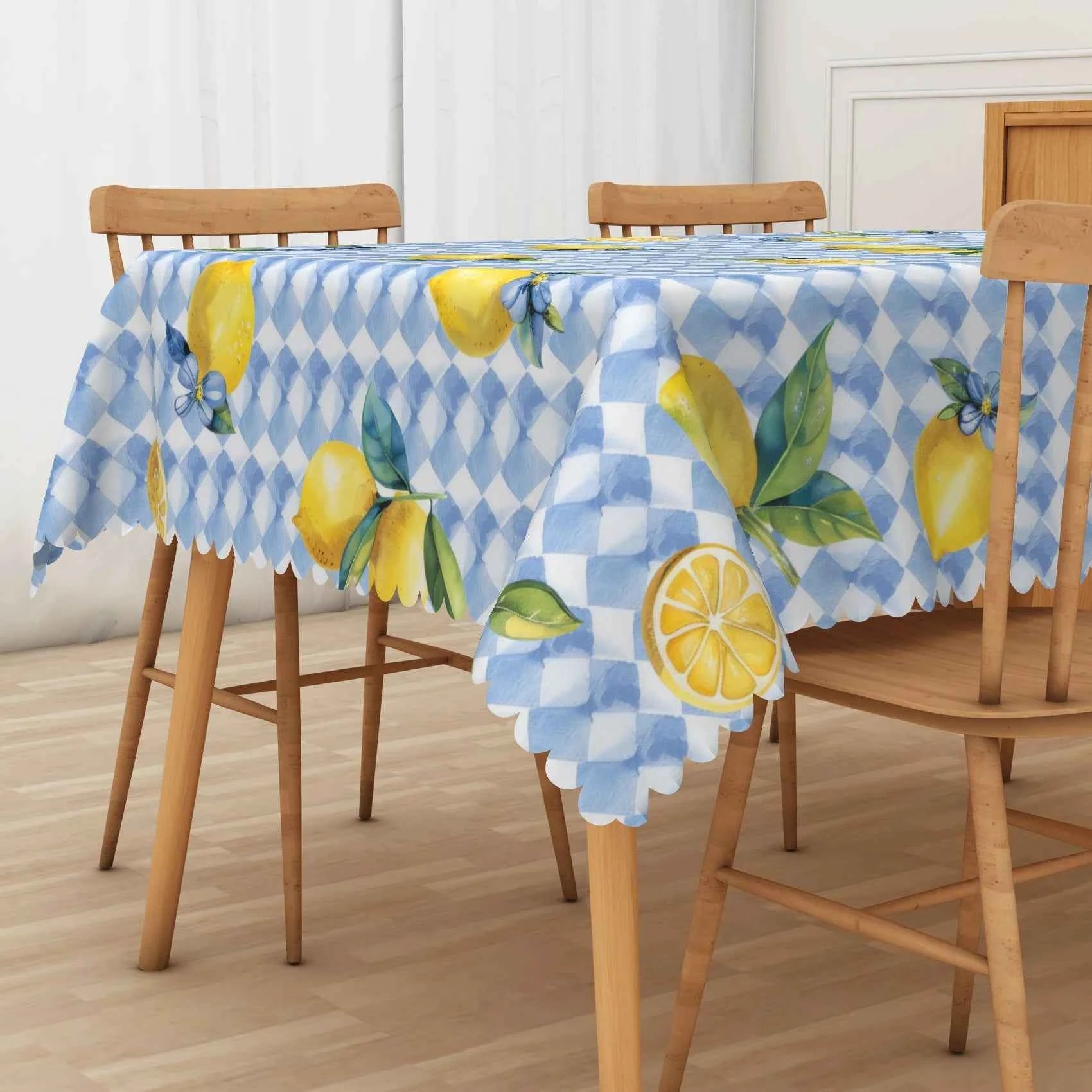 Waterproof Lemon Tablecloth Blue White Check Pattern Summer Decor Kitchen Dining Table Cover for Outdoor Indoor Rustic Style