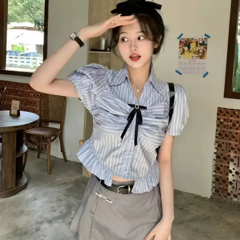 Bow-rinked Striped Shirt for Women Summer French Sweet and Spicy Puff Sleeve Shirt Short Short Sleeve Top    Home Decor Supply | Online Retail | ShoreShopper.com