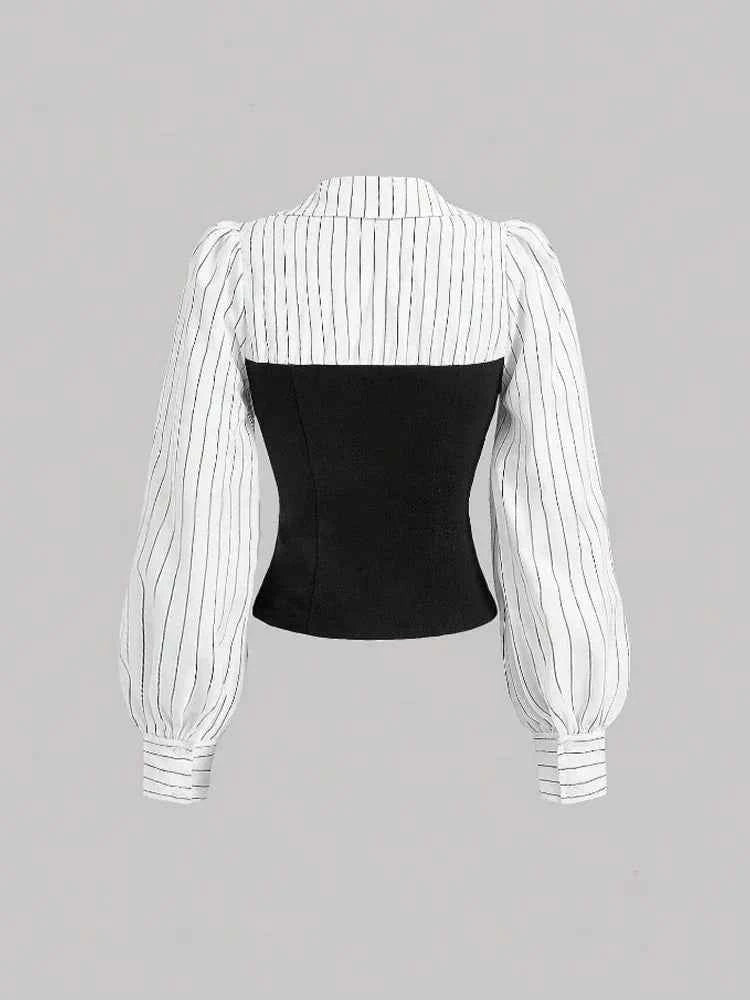 Women Elegant Striped Shirt Business Casual Office Blouse with Lapel Spliced Design Fashion Slim Fit Work Shirt