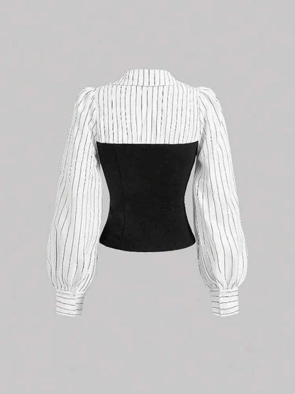 Women Elegant Striped Shirt Business Casual Office Blouse with Lapel Spliced Design Fashion Slim Fit Work Shirt