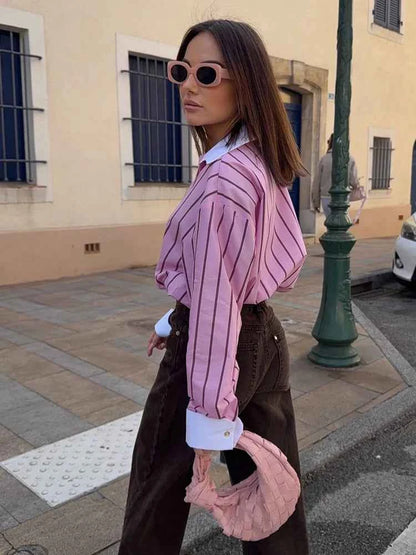 HH Women Spring Casual Shirt Pink Striped Lapel Long Sleeve Single Breasted Fashion Female Elegant Loose Versatile Blouse Mujer