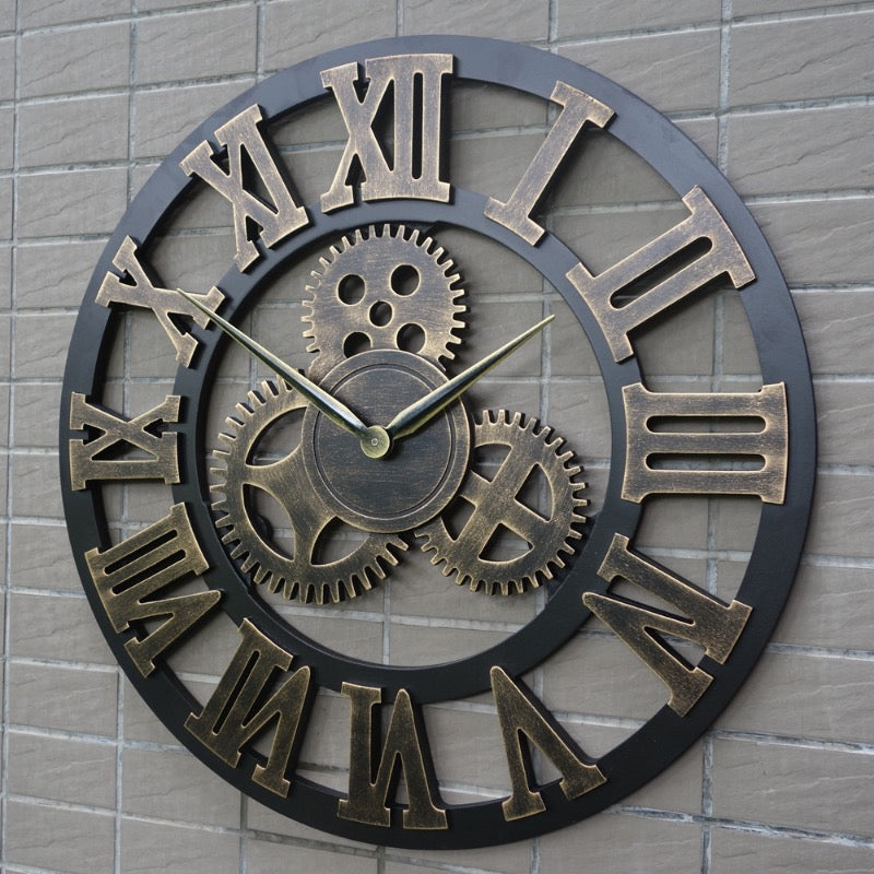 Vintage Style Industrial Wall Clock with Roman Numerals Visible 3D Gears 11"-17" Gold or Silver    Home Decor Supply | Online Retail | ShoreShopper.com