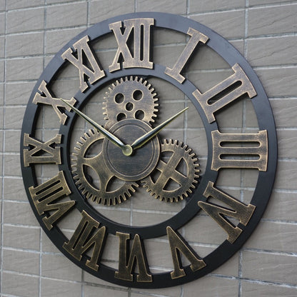 Vintage Style Industrial Wall Clock with Roman Numerals Visible 3D Gears 11"-17" Gold or Silver    Home Decor Supply | Online Retail | ShoreShopper.com