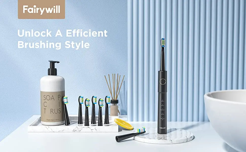 Fairywill Sonic Electric Toothbrush E11 Waterproof USB Charge Rechargeable Electric Toothbrush 8 Brush Replacement Heads Adult - ShoreCo.Shop