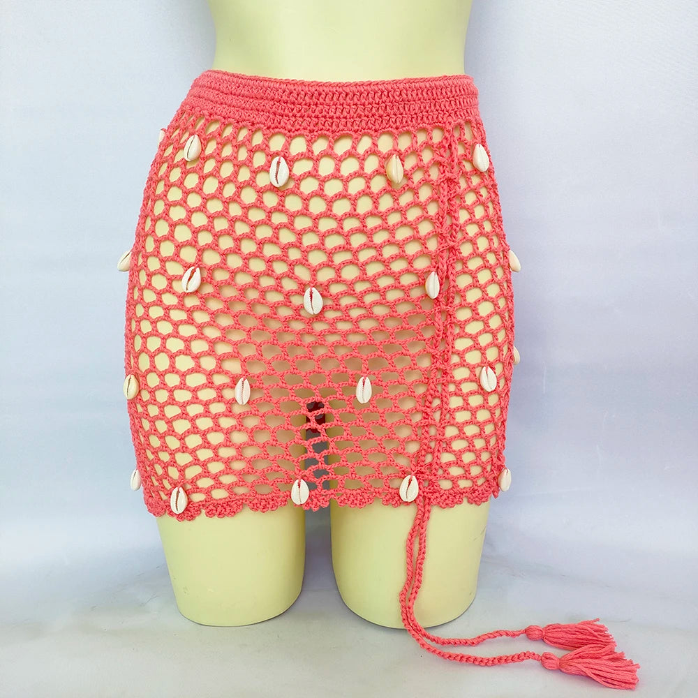 Women Beach Wear Swimsuit Cover-Ups Boho Summer See-Through Hollow Out Bandage High Waist Short Beach Skirt Crochet Knit Skirts    Your Coastal Marketplace | Shoreshopper.com