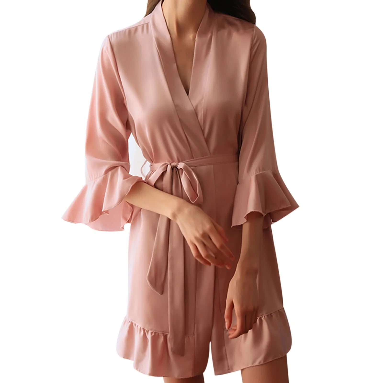 Sexy Flare Sleeve Kimono Gown Women Wedding Robe Silk Rayon Home Dress Elegant Ruffle Sleepwear Cozy Nightgown Intimate Lingerie - ShoreCo.Shop