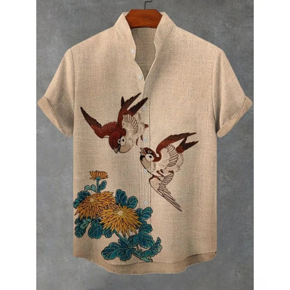 Men's Japanese Parrot Sakura Art Print Casual Shirt Men Blouses Summer Stand Collar Shirts Hawaiian Top Streetwear    Home Decor Supply | Online Retail | ShoreShopper.com